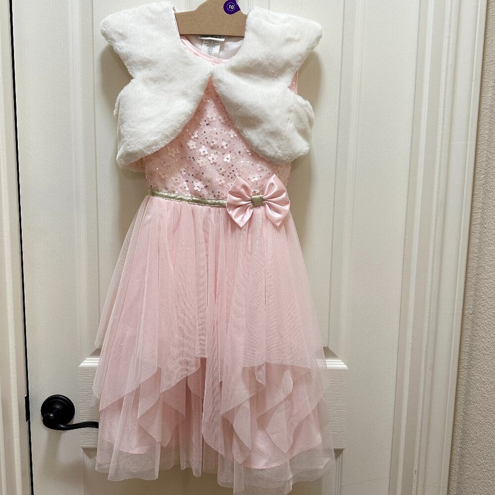 Jona Michelle Girl Lace Glittery Dress Size 10 Pink Faux Fur Jacket Formal (NEW)